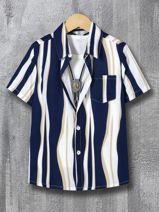 Tween Boy Striped Print Pocket Patched Shirt