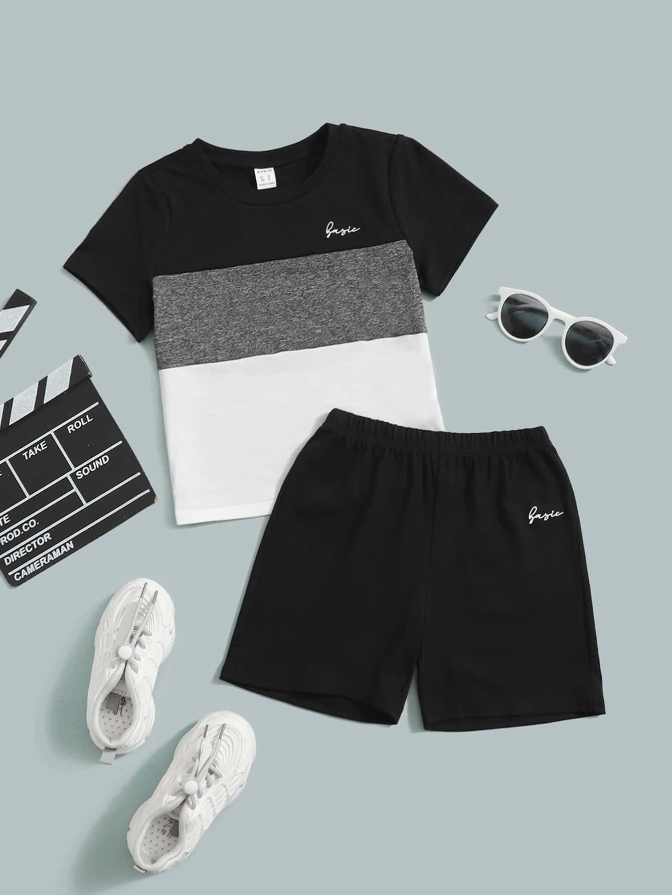 Young Boy Colorblock Letter Graphic Tee & Shorts