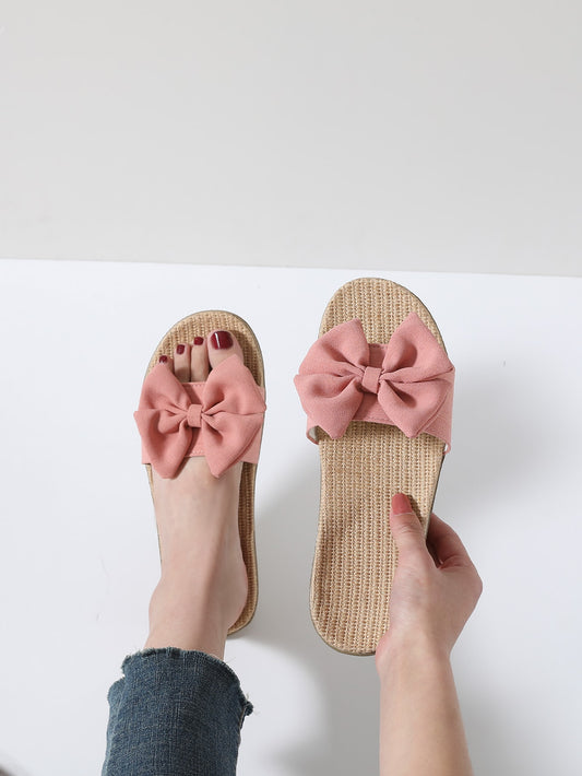 Bow Decor Single Band Linen Slippers