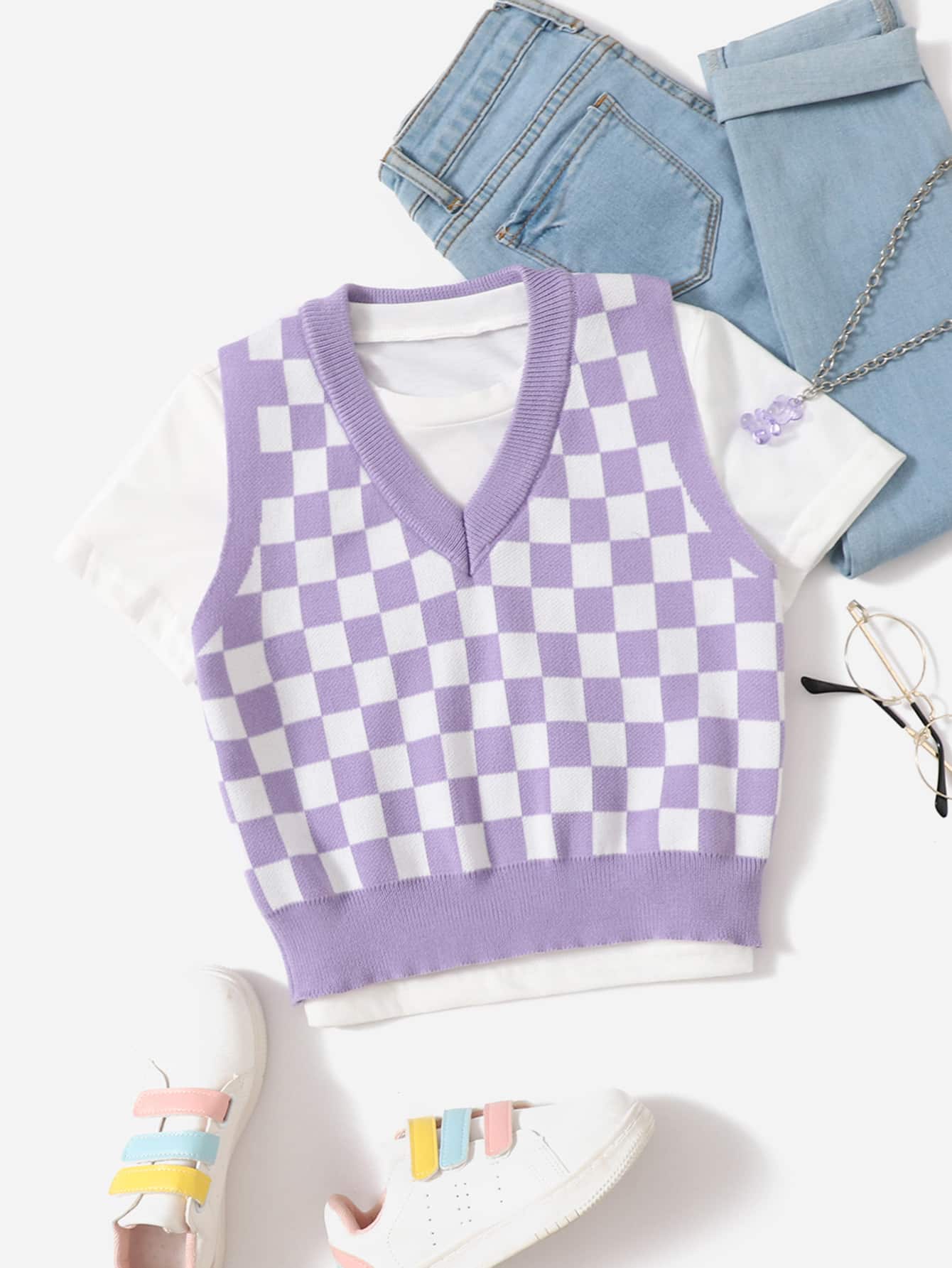 Tween Girl Checker Print Sweater Vest Without Tee