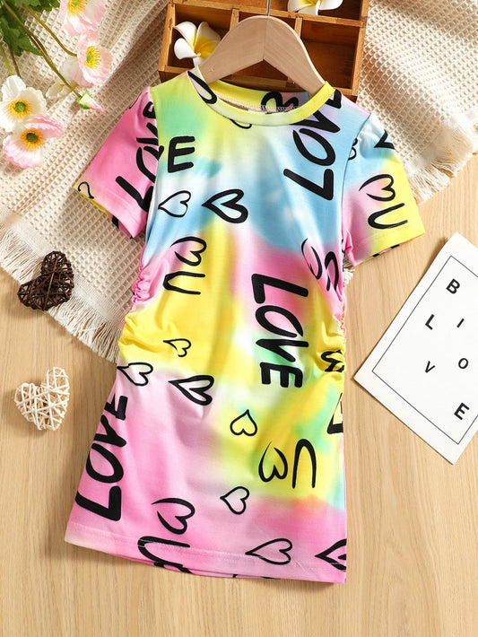 Young Girl Tie Dye & Letter Graphic Ruched Side Tee Dress