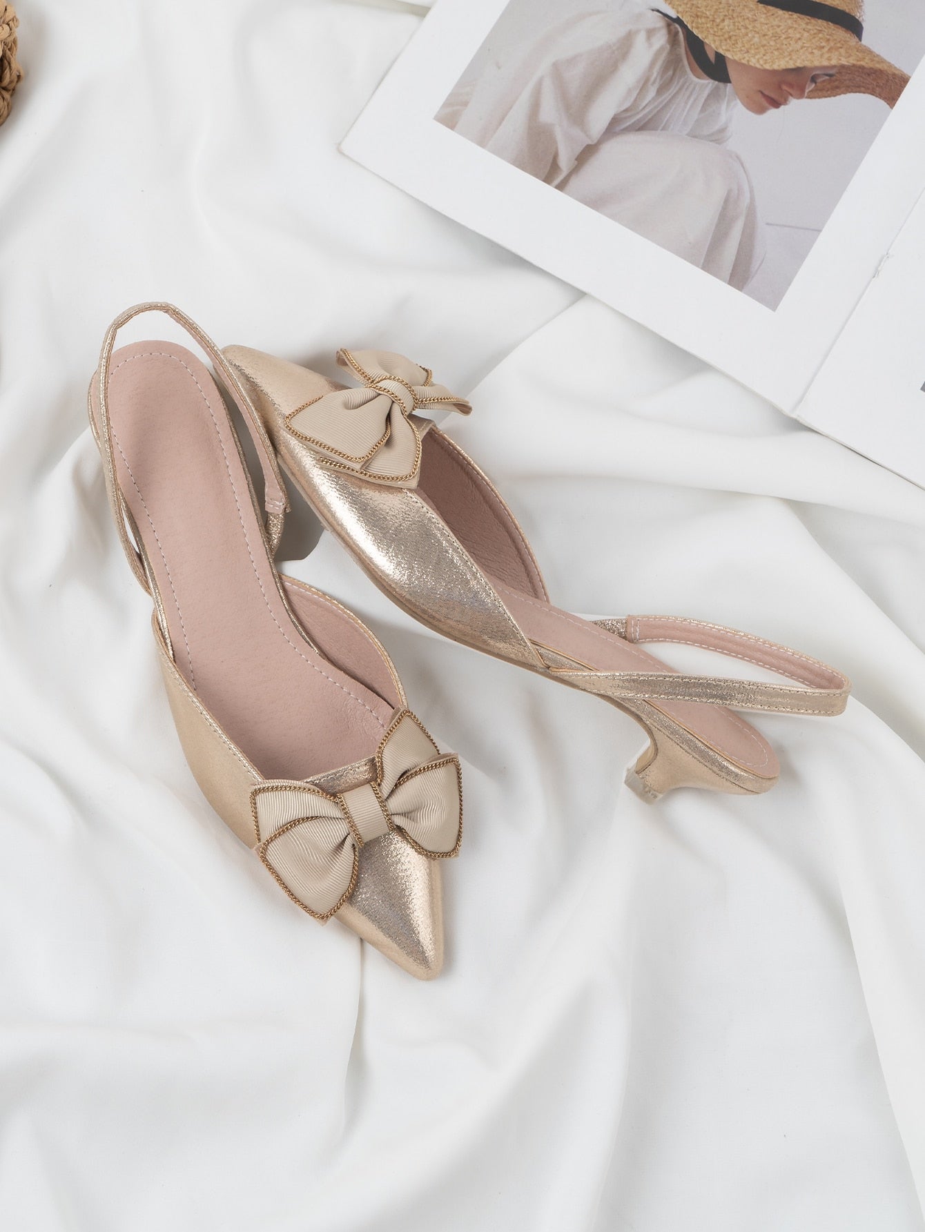 Bow Decor Metallic Slingback Pumps