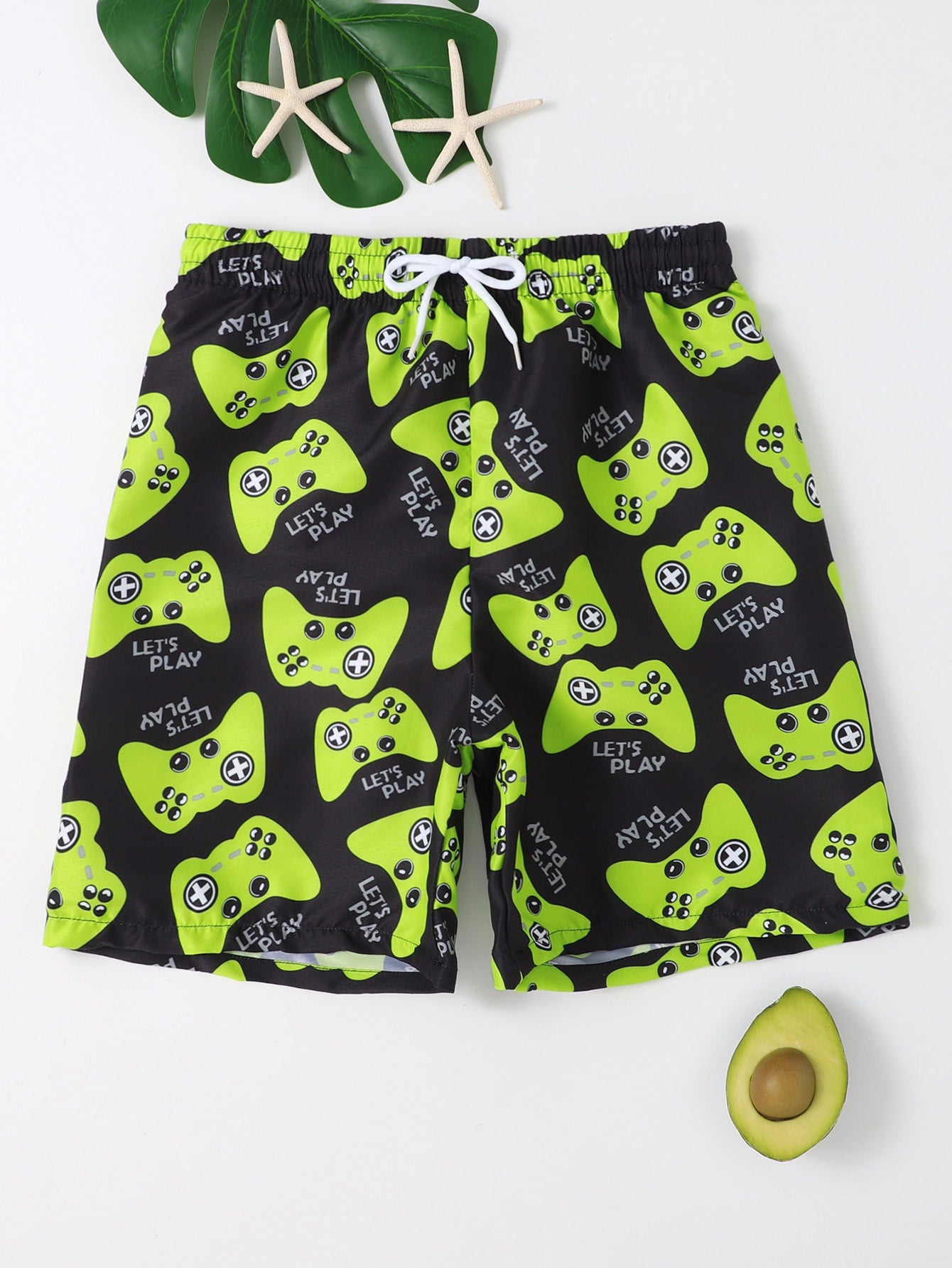 Tween Boy Random Gamepad & Letter Graphic Drawstring Waist Swim Shorts