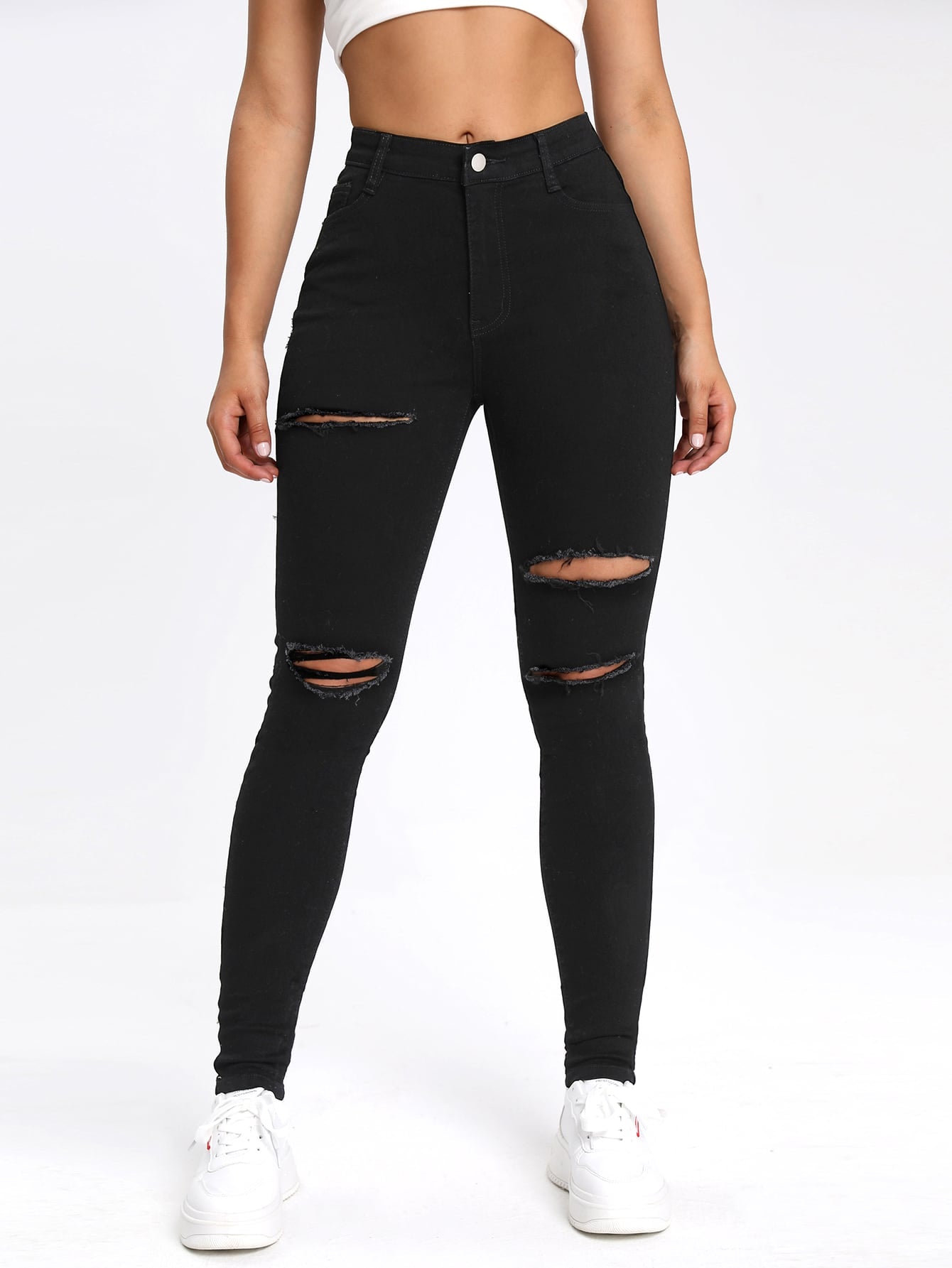 Black Slant Pocket Ripped Skinny Jeans