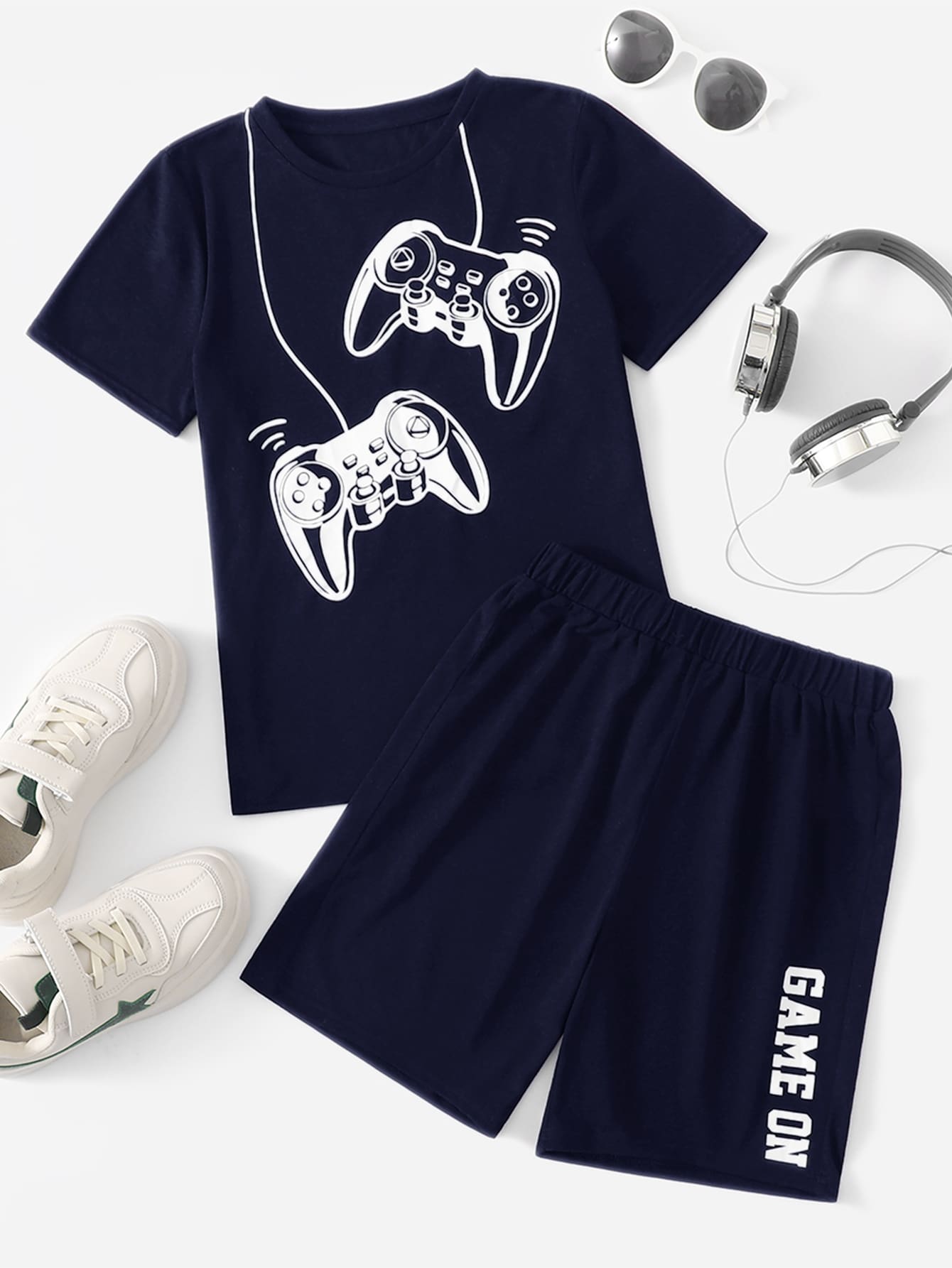 Tween Boy Gamepad Print Tee & Letter Graphic Shorts