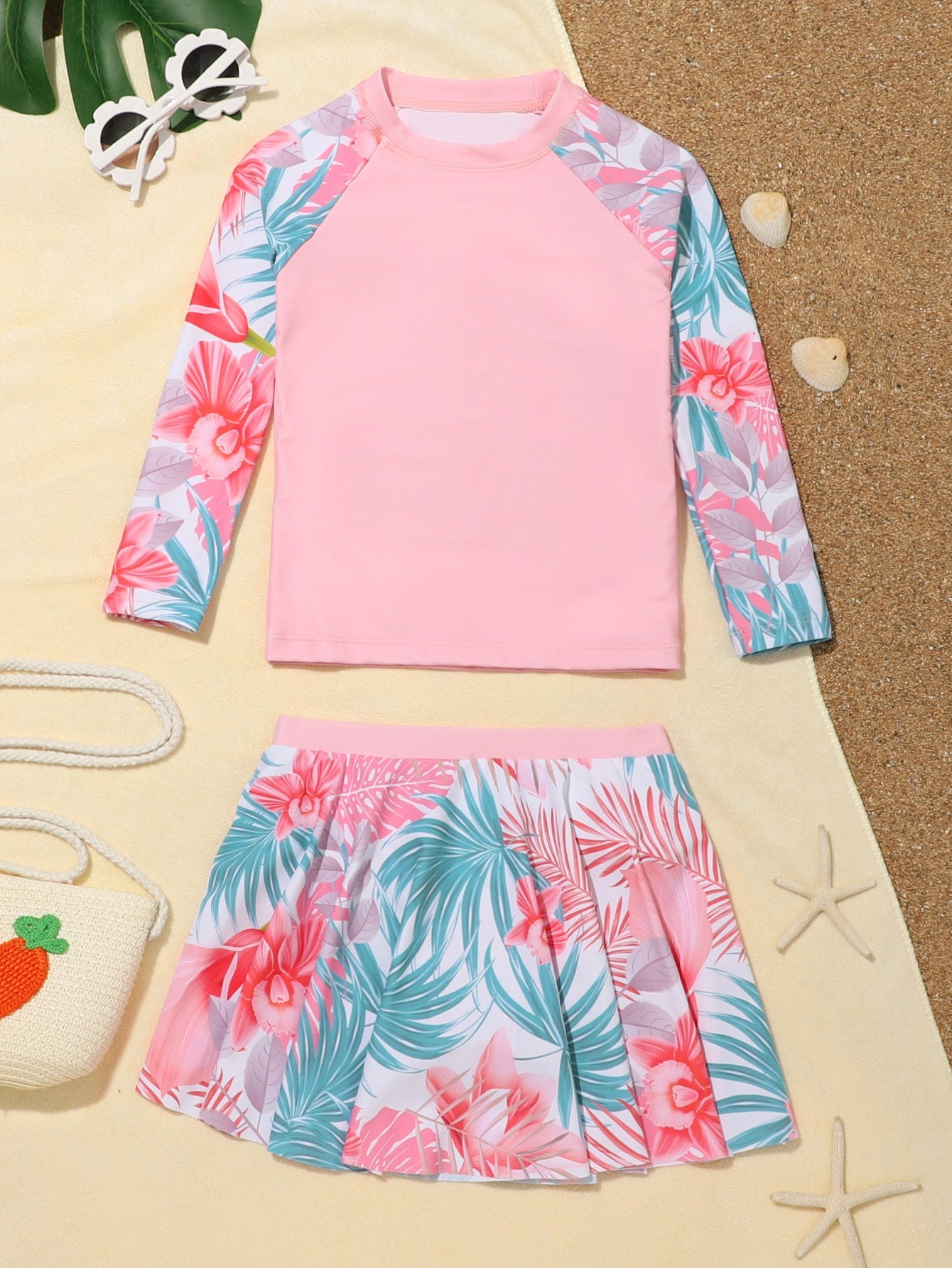 Young Girl Random Tropical Print Raglan Sleeve Skorts Rashguard Summer Beach