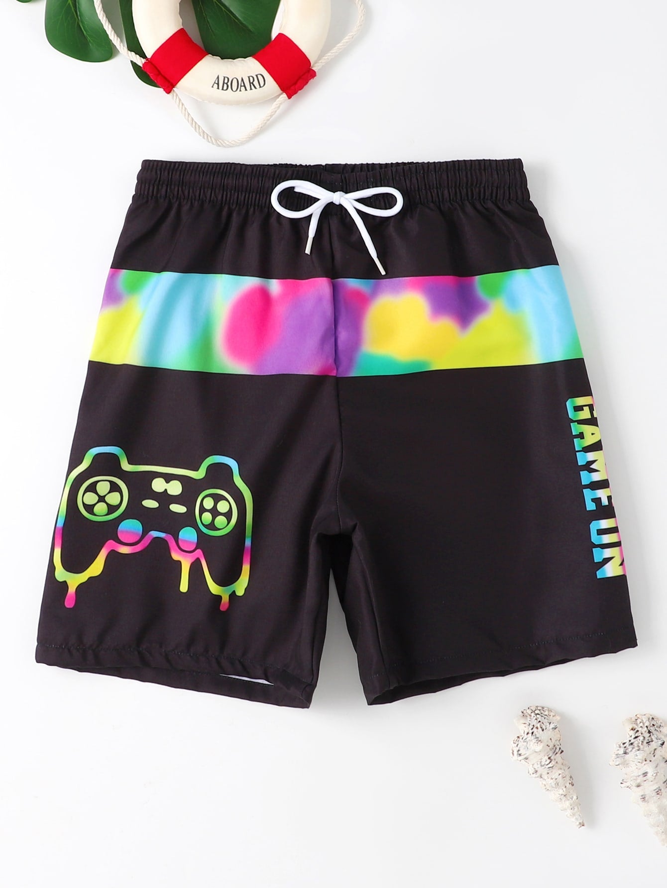 Tween Boy Gamepad & Letter Graphic Drawstring Waist Swim Shorts