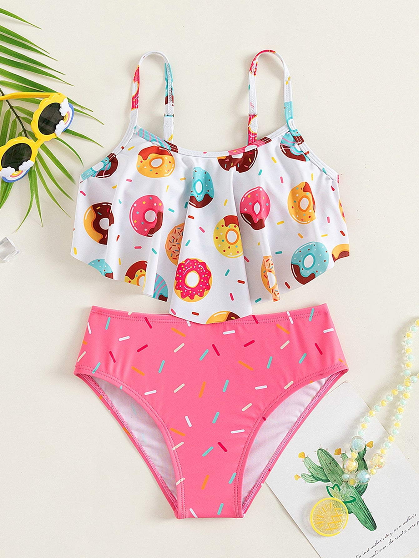 Tween Girl Donut Print Ruffle Trim Bikini Swimsuit