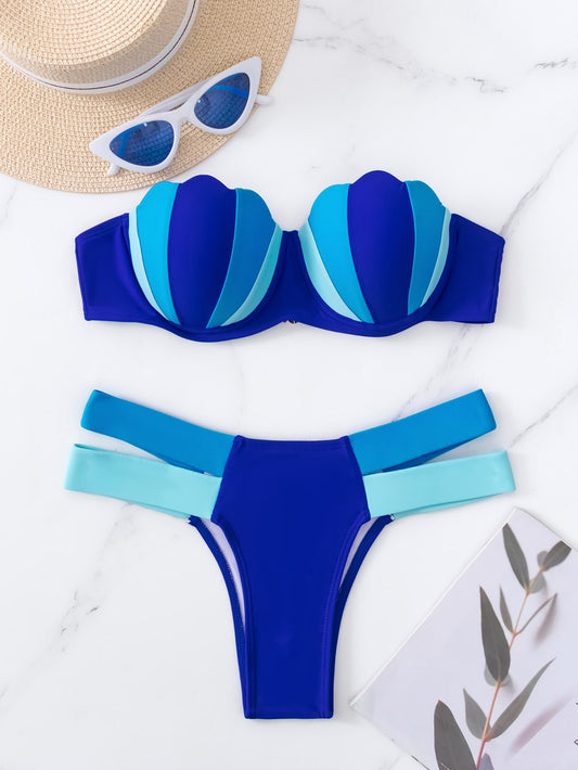 Swim Summer Beach Color Block Scallop Trim Push Up Bikini