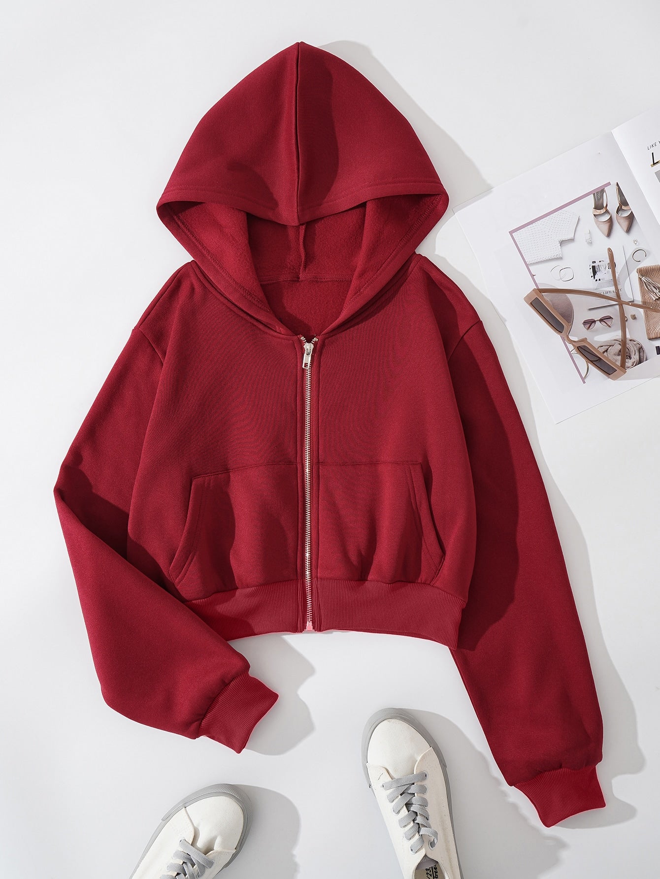 Solid Zip Up Drop Shoulder Thermal Lined Crop Hoodie