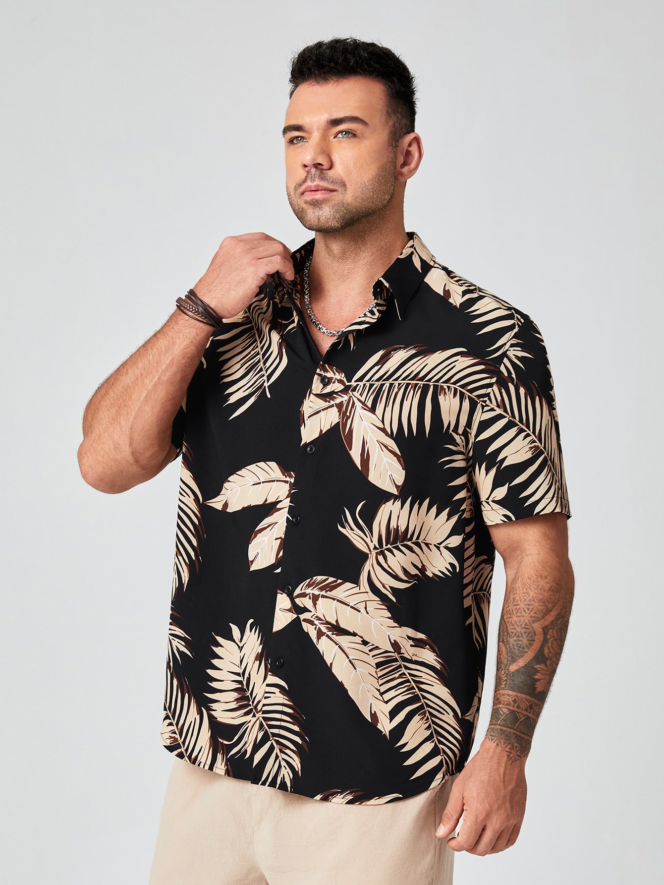 Men Plus Cotton Tropical Print Shirt & Shorts