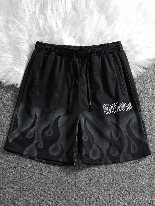 Loose Fit Men's Fire Letter Printed Shorts With Drawstring Waist Pattern Graphic Plain Black Going Out