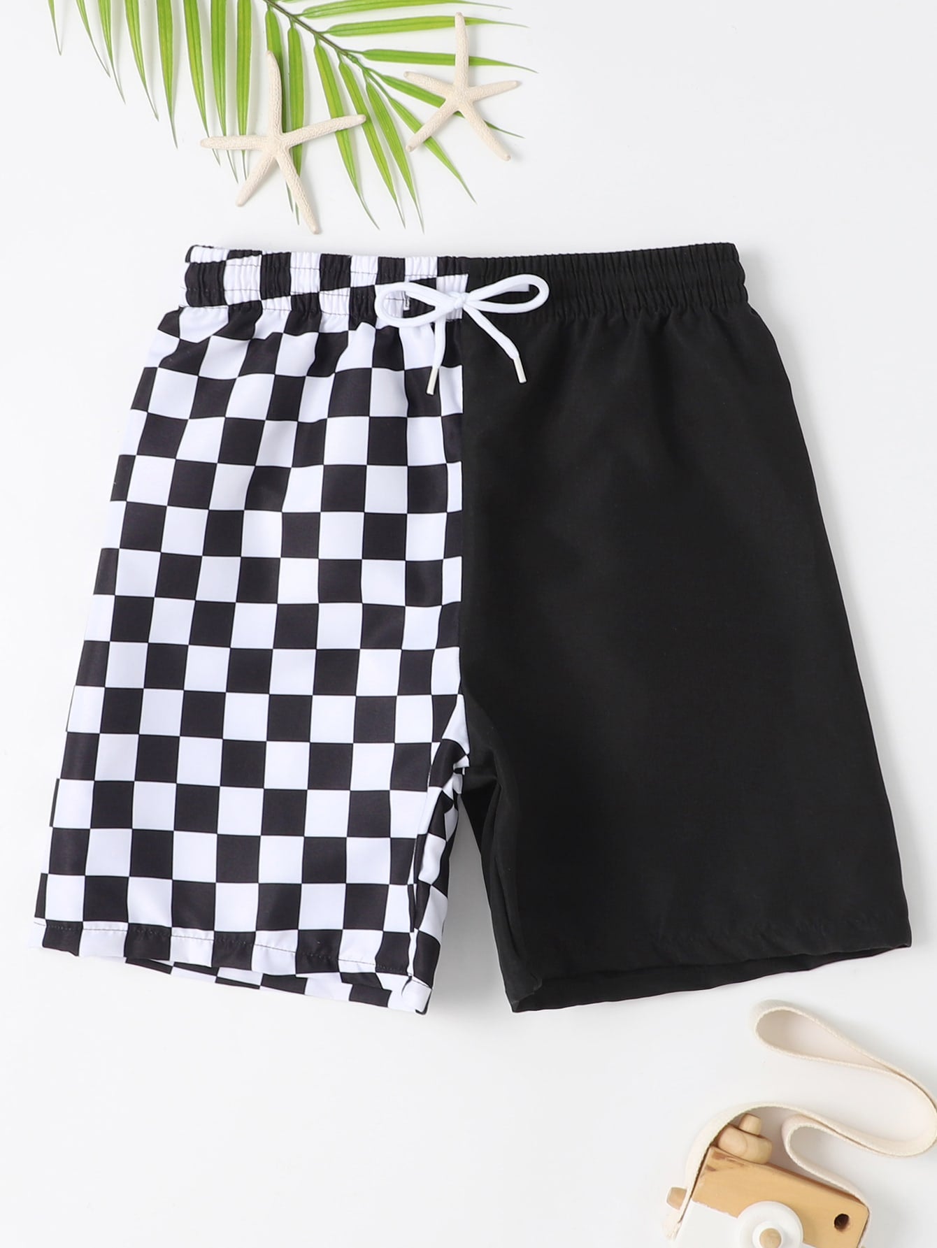 Tween Boy Contrast Checkerboard Printed Casual Beach Shorts, Random Print