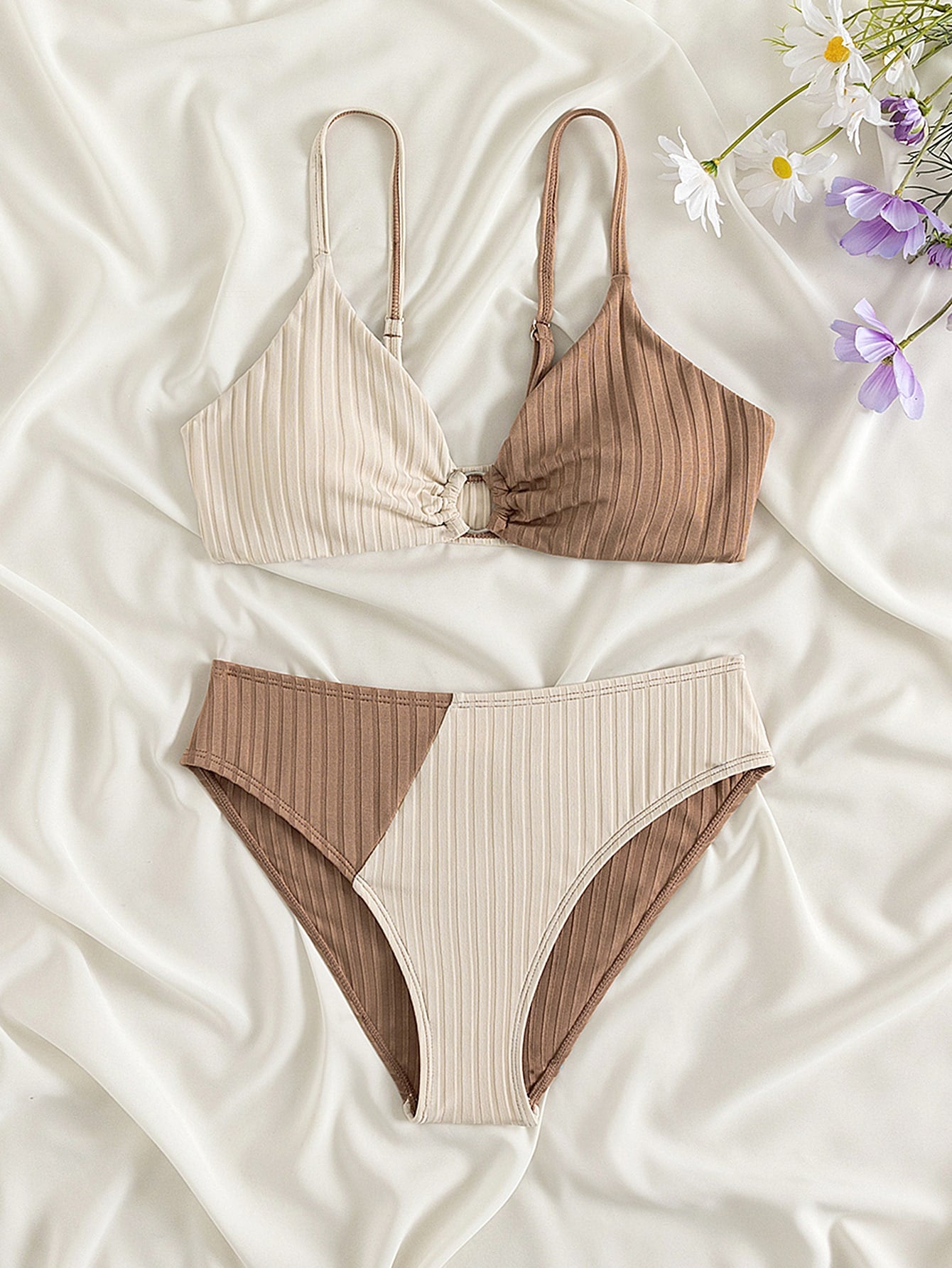 Teen Girls Two Tone Ring Detail Ribbed Knit Bikini Set Summer Beach