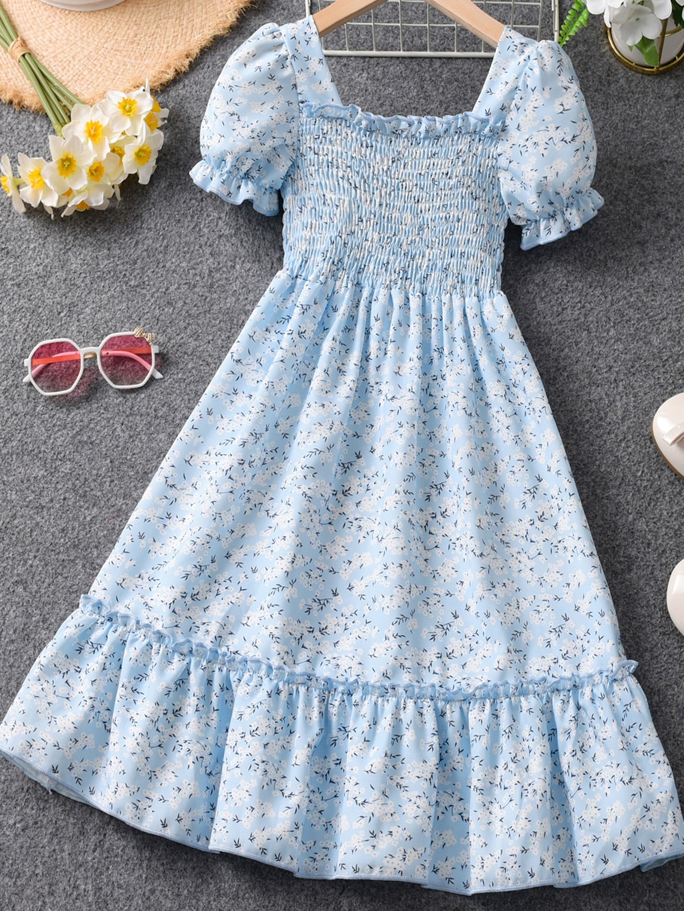 Tween Girls' Puff Sleeve Floral Print Square Neck Pleated Dress