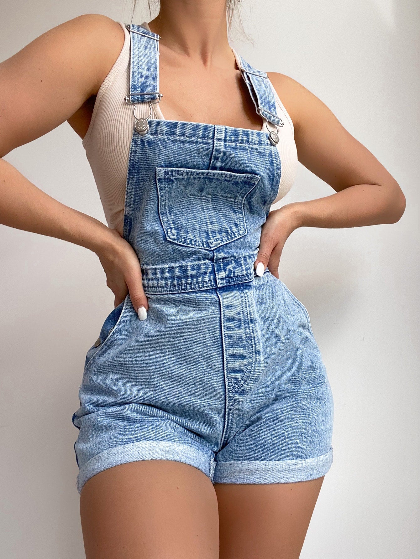 Frenchy Roll Up Hem Denim Overall Romper Without Tank Top