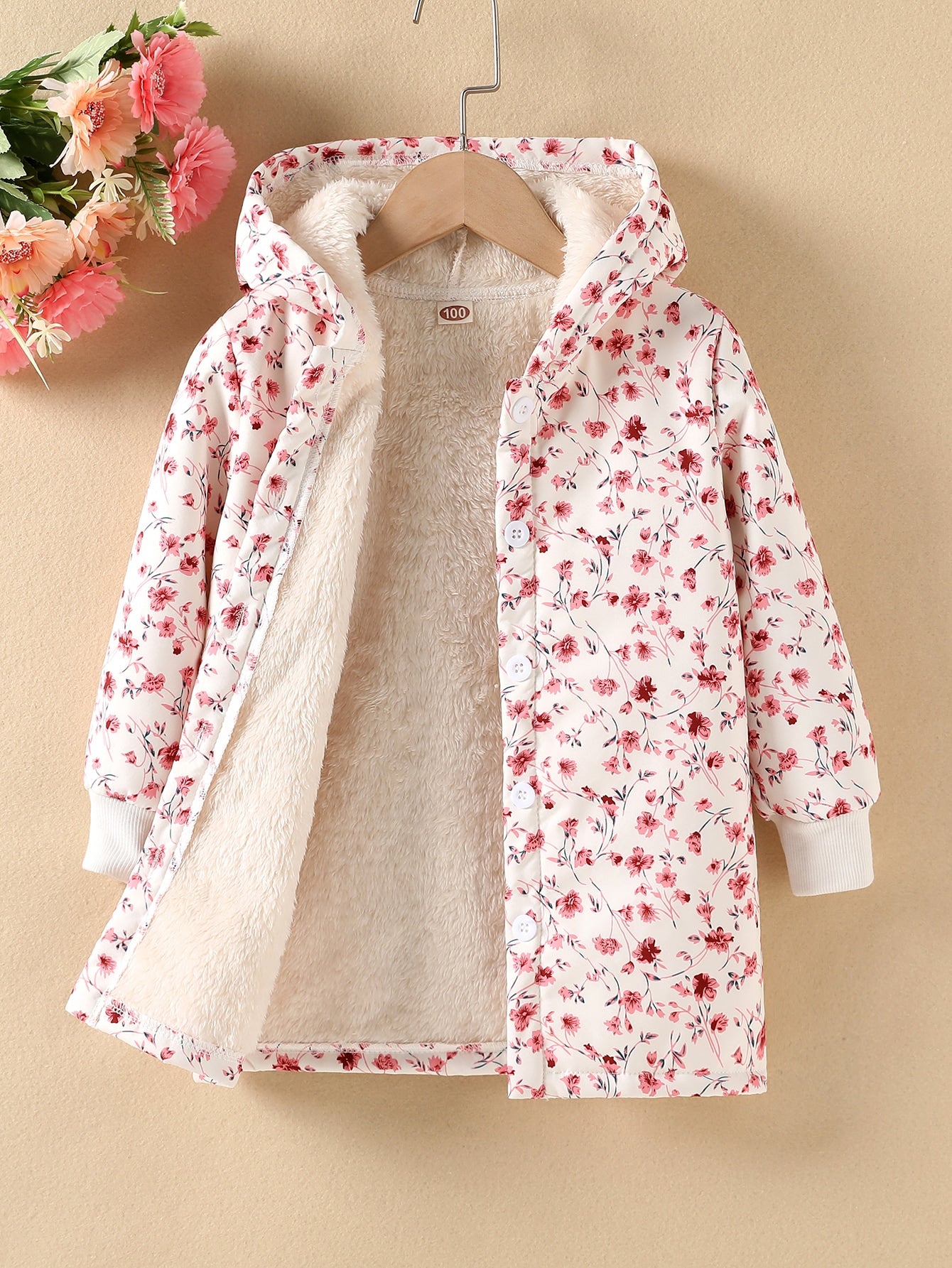 Young Girl Floral Print Teddy Lined Hooded Coat