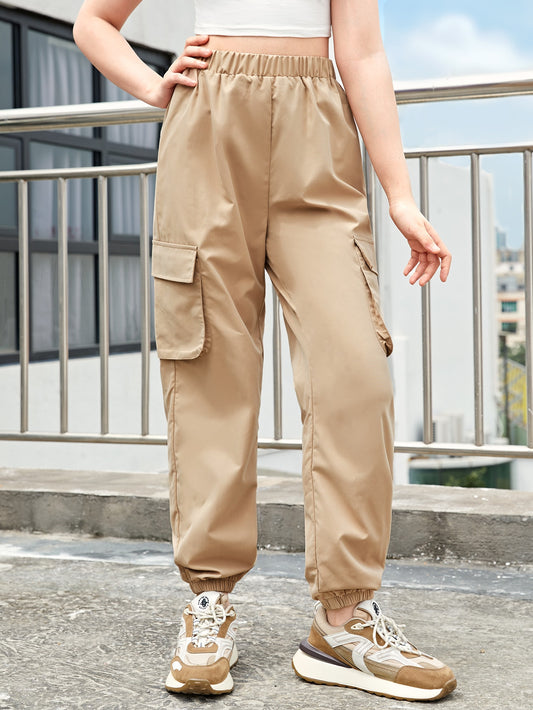 Teen Girl Casual Solid Color High Waisted Cargo Pants, Suitable For Spring, Summer And Autumn