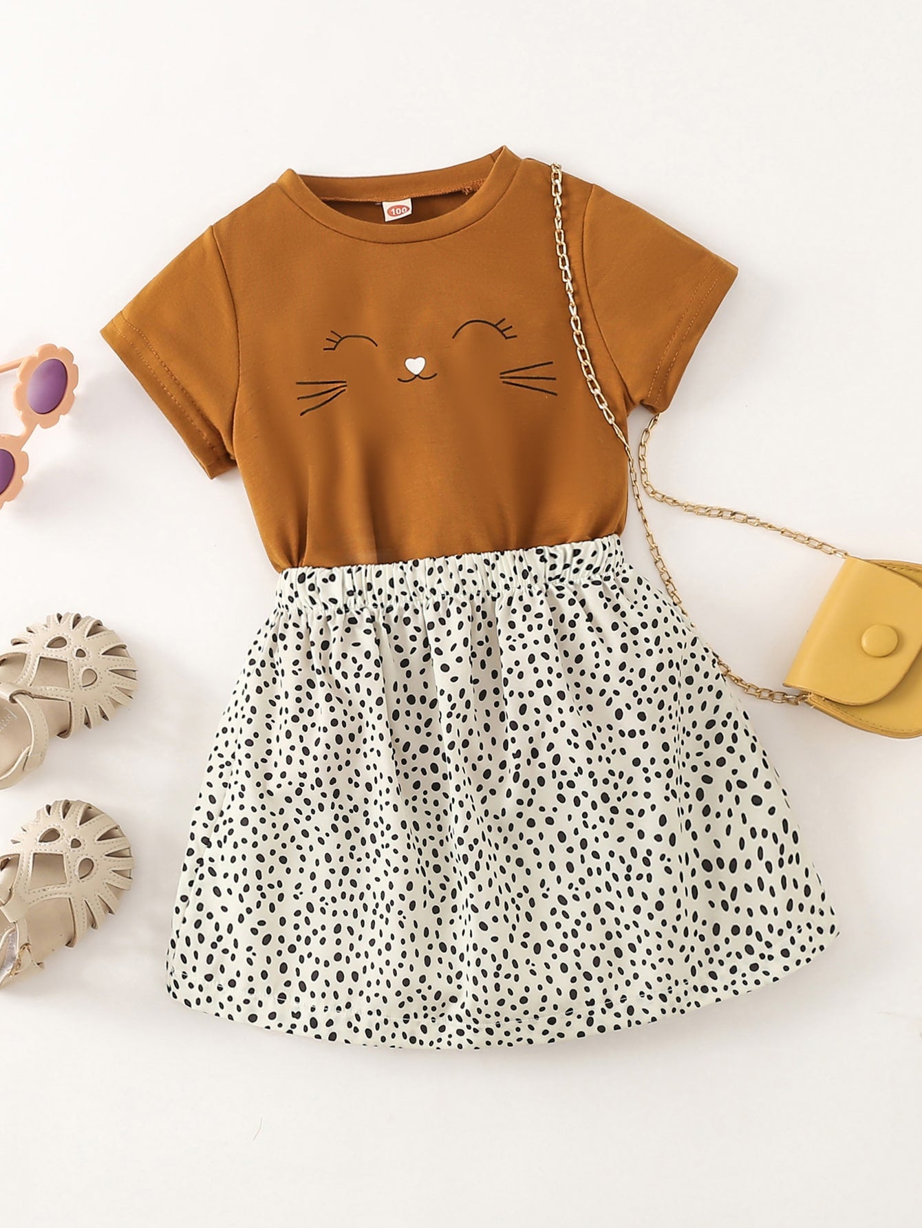 Young Girl Cartoon Graphic Tee & Confetti Print Skirt