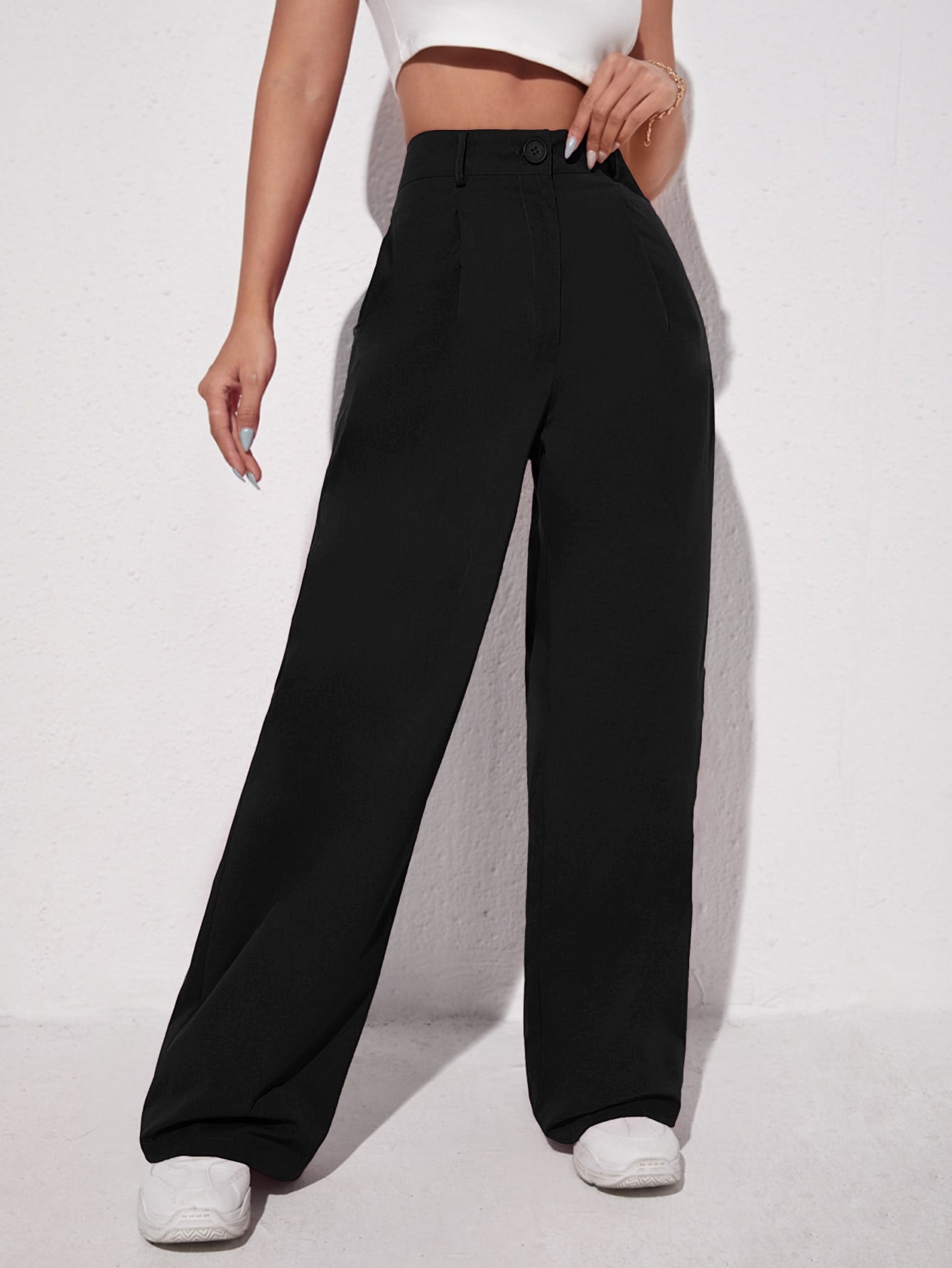 Black Casual Solid Wide Leg Pants