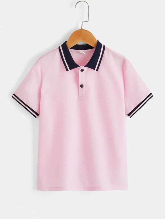 Tween Boys' Striped Pattern Polo Shirt With Color Blocking Short Sleeves For Casual Daily Wear In Summer