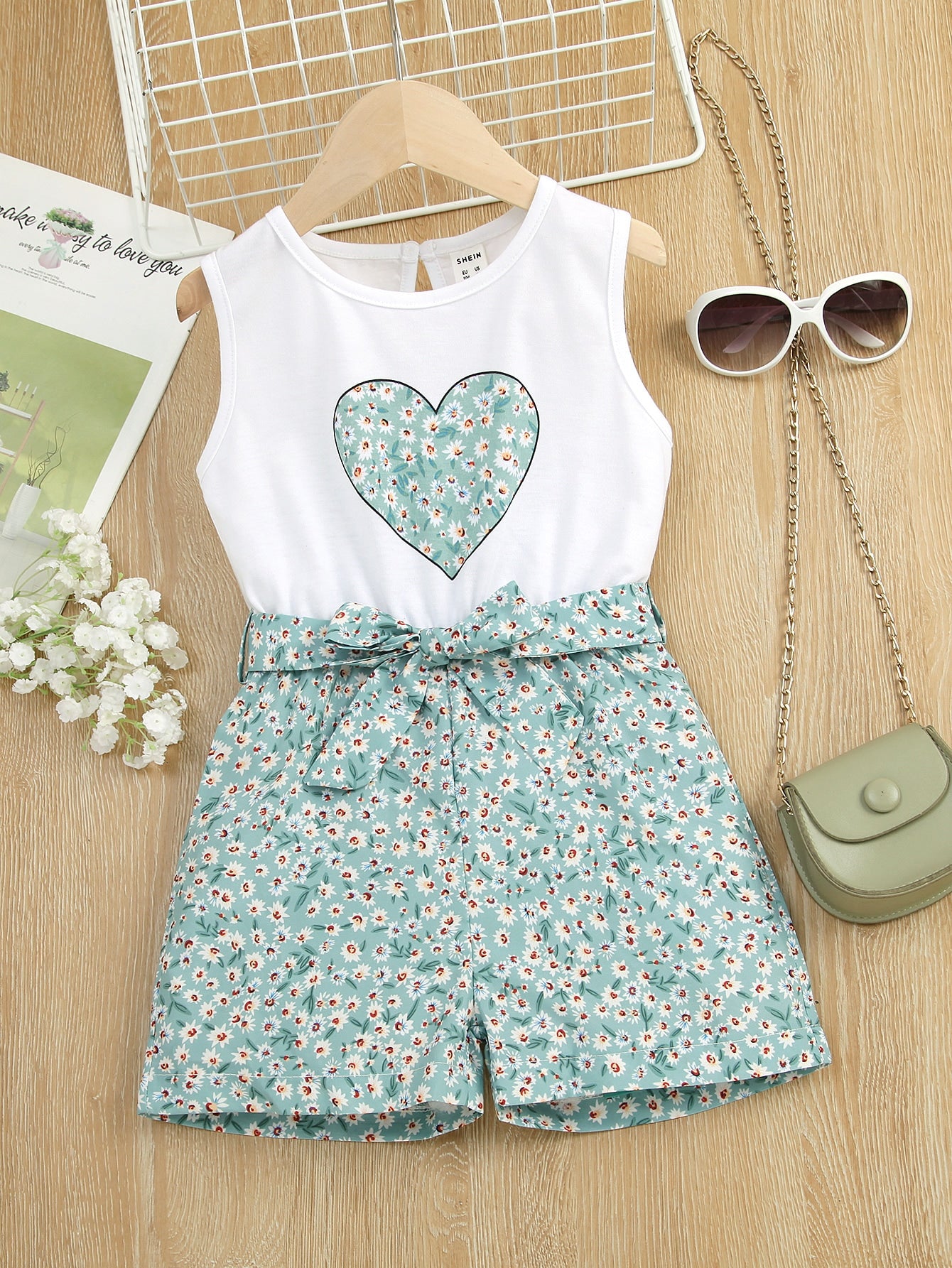 Young Girl Ditsy Floral & Heart Print Belted Tank Romper