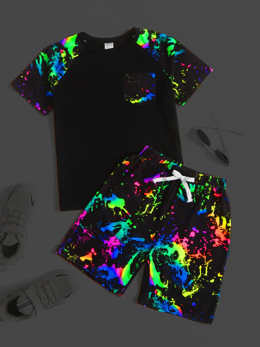 Tween Boy Reflective Print Patched Pocket Raglan Sleeve Tee & Drawstring Waist Shorts