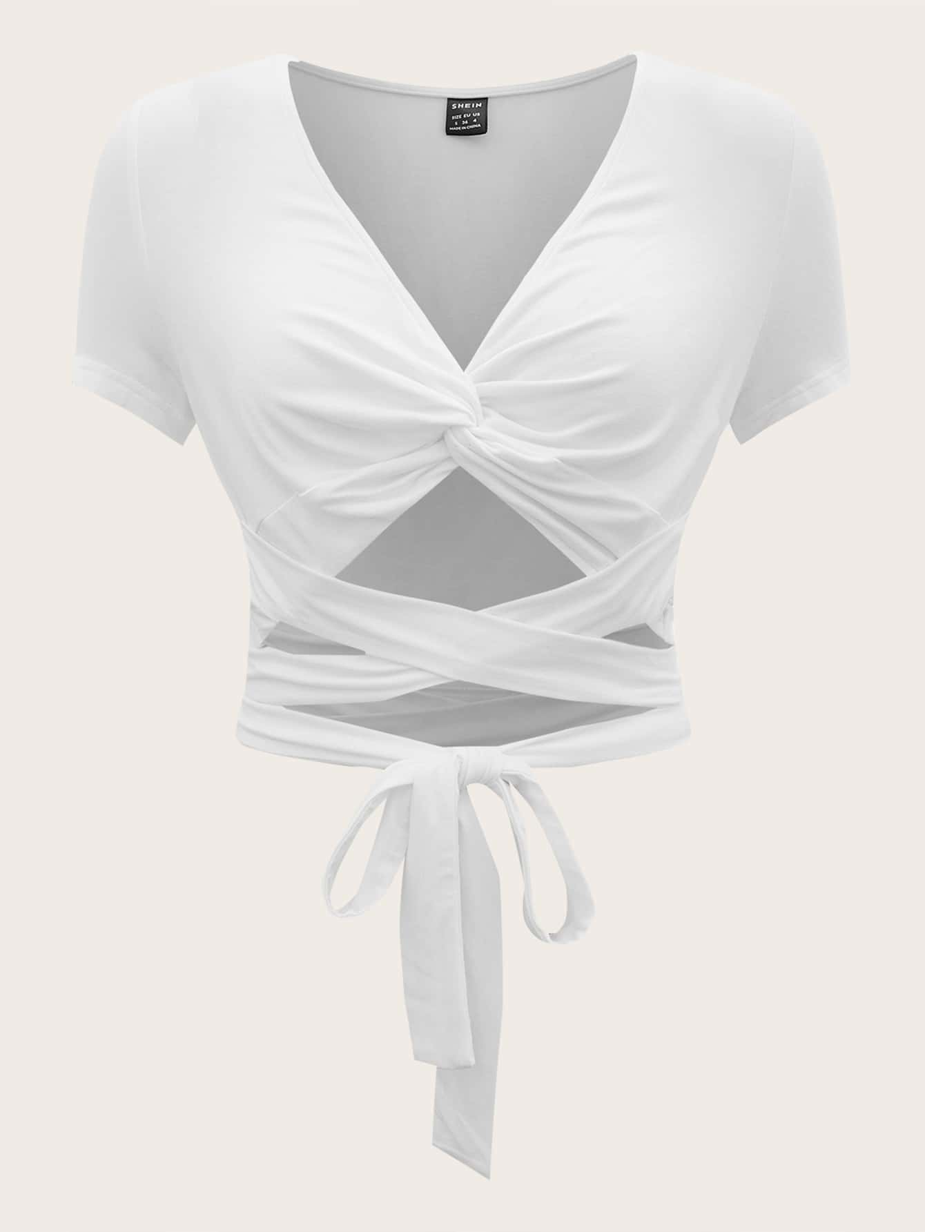 Twist Front Tie Front Crisscross Short Sleeve Crop WomenTop White