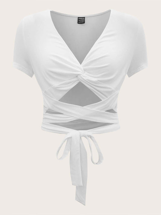 Twist Front Tie Front Crisscross Short Sleeve Crop WomenTop White