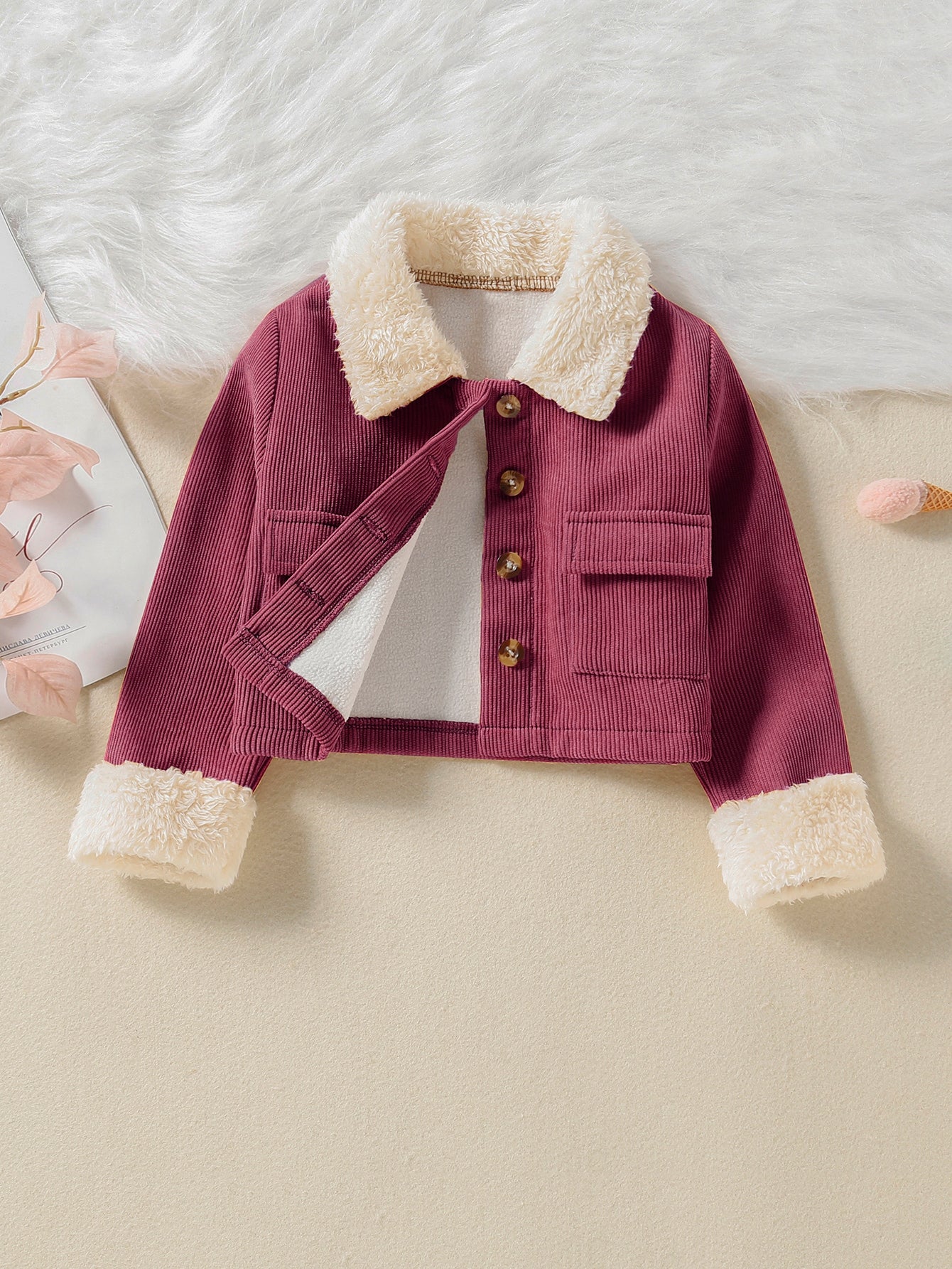 Young Girl Flap Pockets Single Breasted Borg Collar Lined Corduroy Jacket