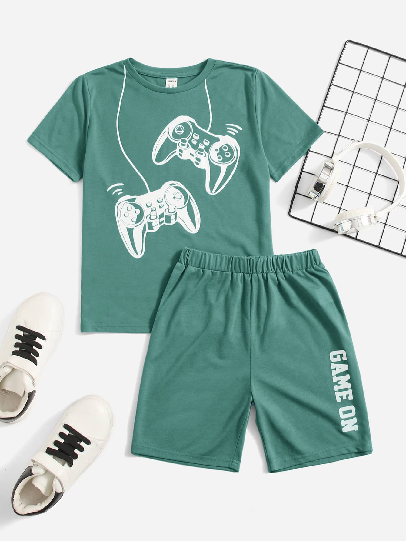 Tween Boy Gamepad Print Tee & Letter Graphic Shorts