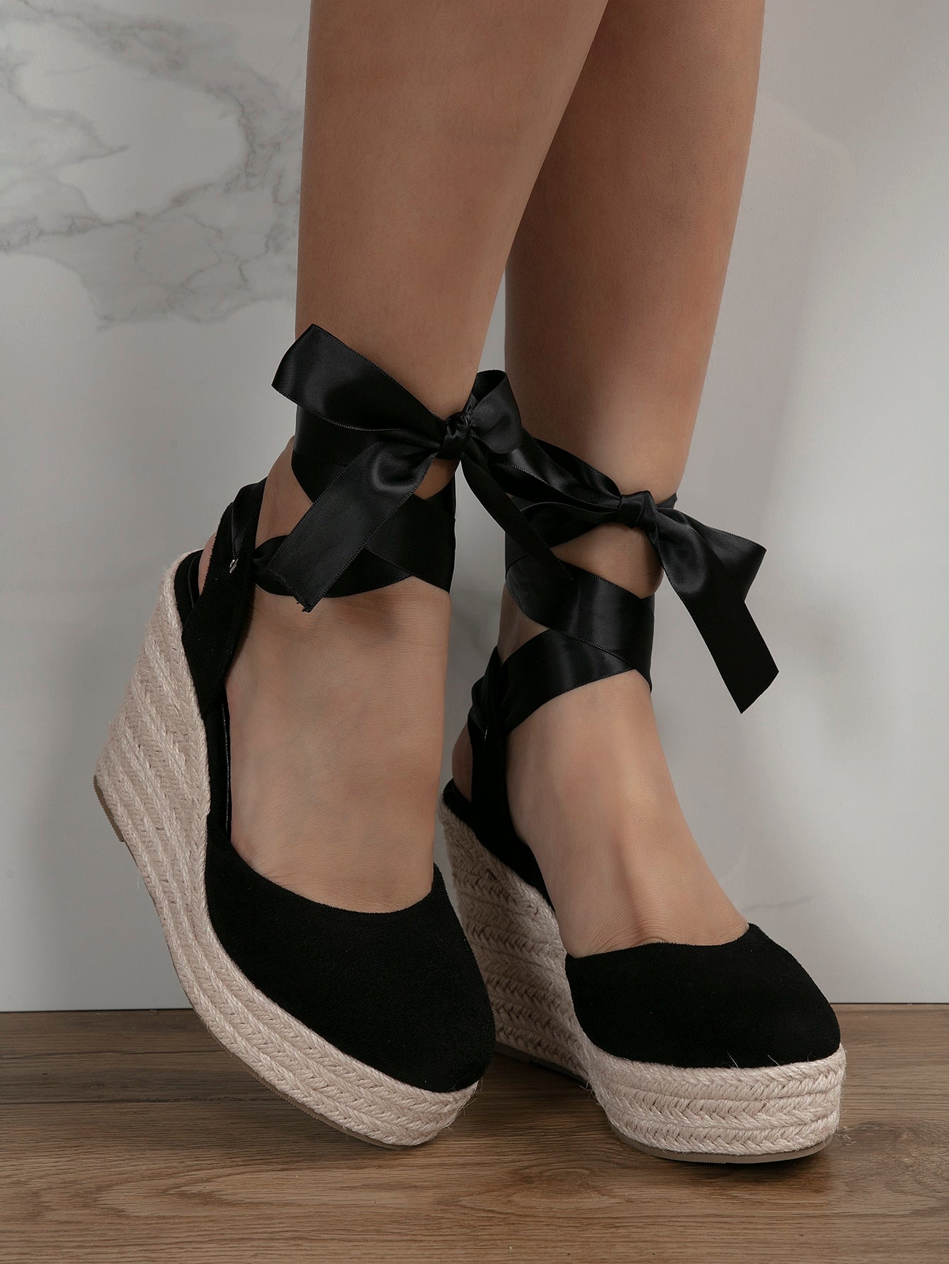 Women Minimalist Tie Leg Design Espadrille Strappy Court Wedges, Vacation Outdoor Faux Suede Wedge Shoes