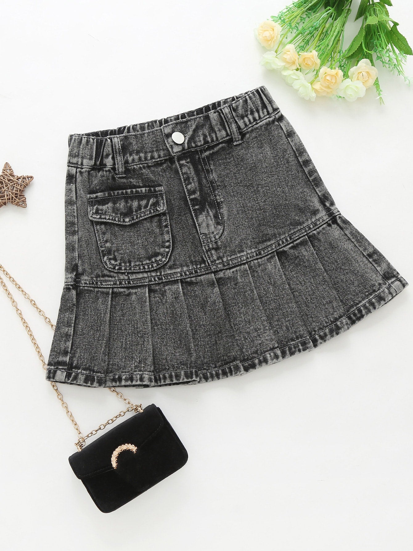 Tween Girl Flap Pocket Pleated Hem Denim Skirt