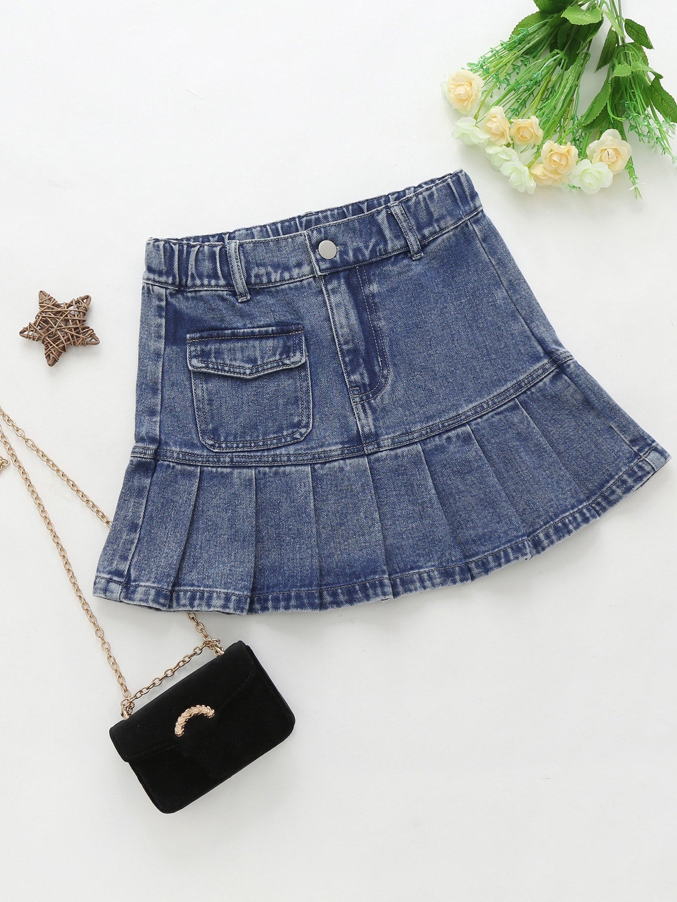 Tween Girls' Summer Street Fashion Denim Skirt With Pleated Hem