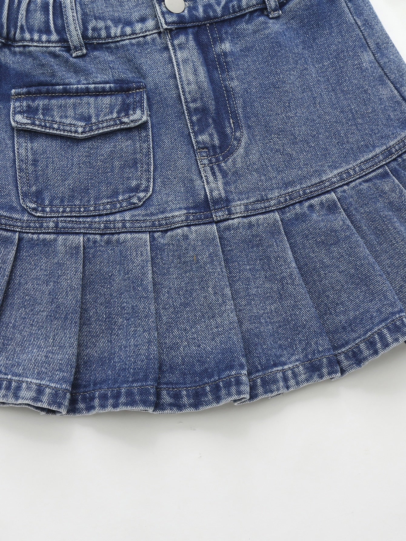 Tween Girl Flap Pocket Pleated Hem Denim Skirt