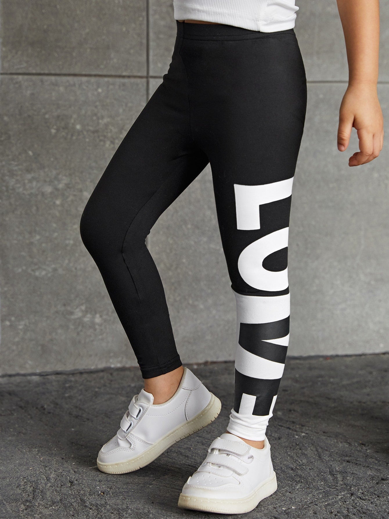 Young Girl Casual Knitted Soft Stretchy Waistband Letter Printed Leggings