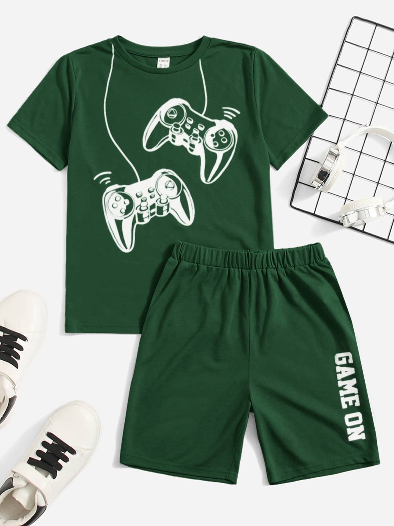 Tween Boy Gamepad Print Tee & Letter Graphic Shorts