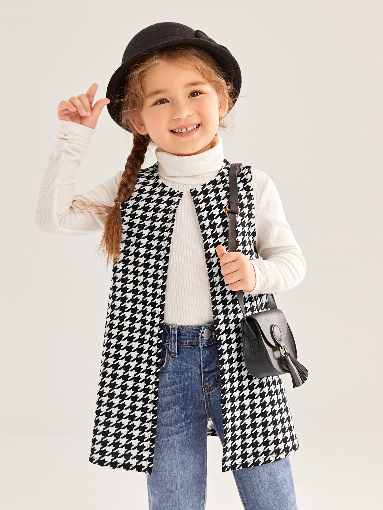 Young Girl Houndstooth Print Open Front Vest Coat