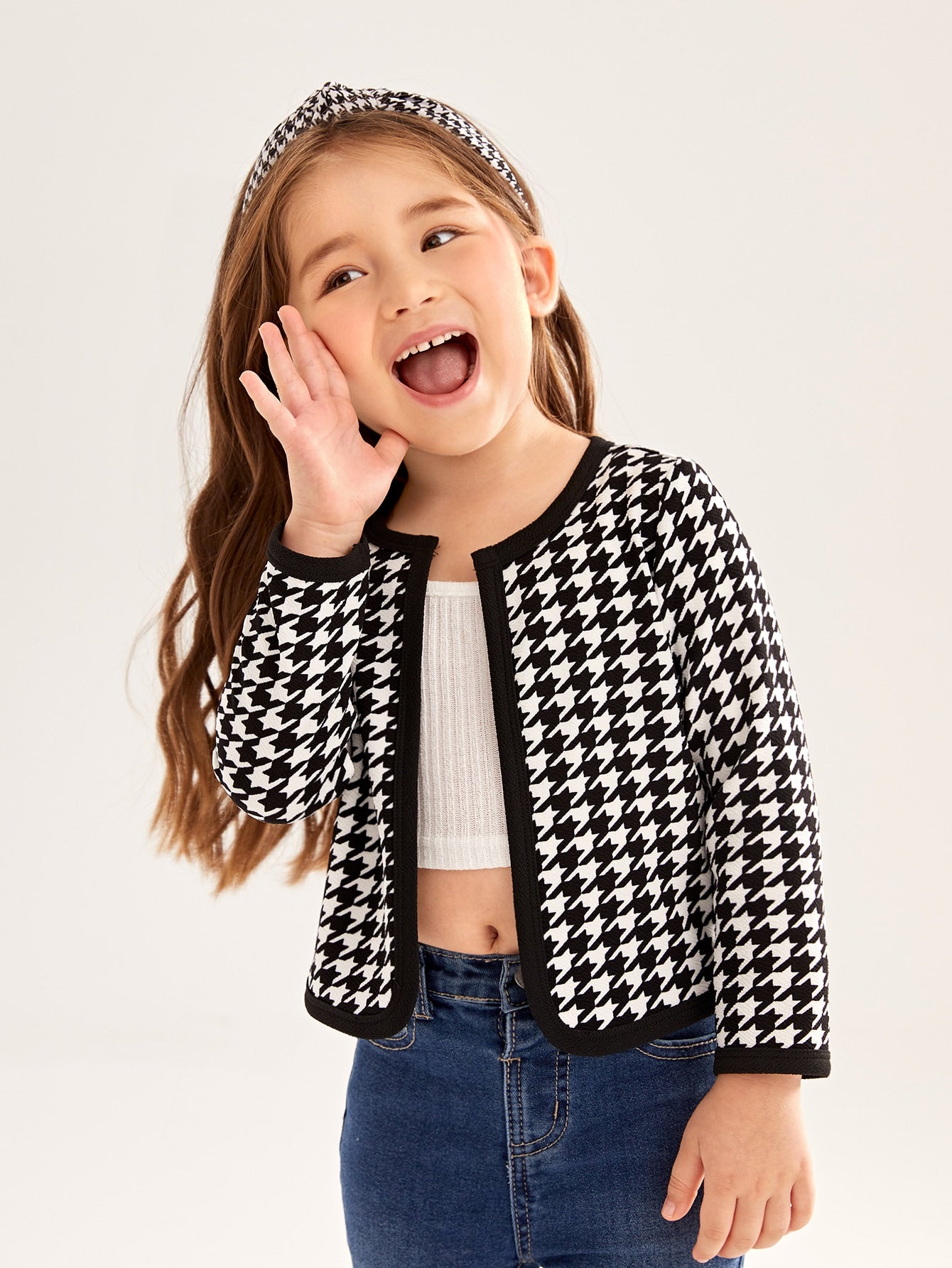 Young Girl Houndstooth Print Contrast Binding Open Front Jacket