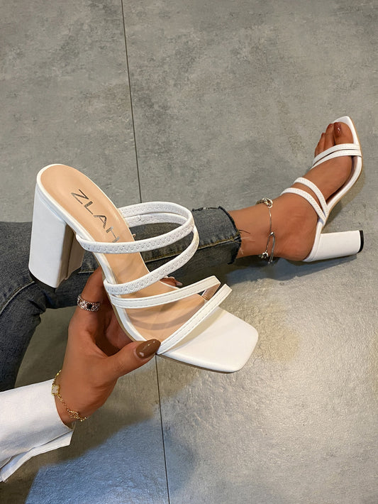 Ladies Sexy White High Heels Elegant Fashion Square Toes Ankle Strap Chunky High Heels Sandals