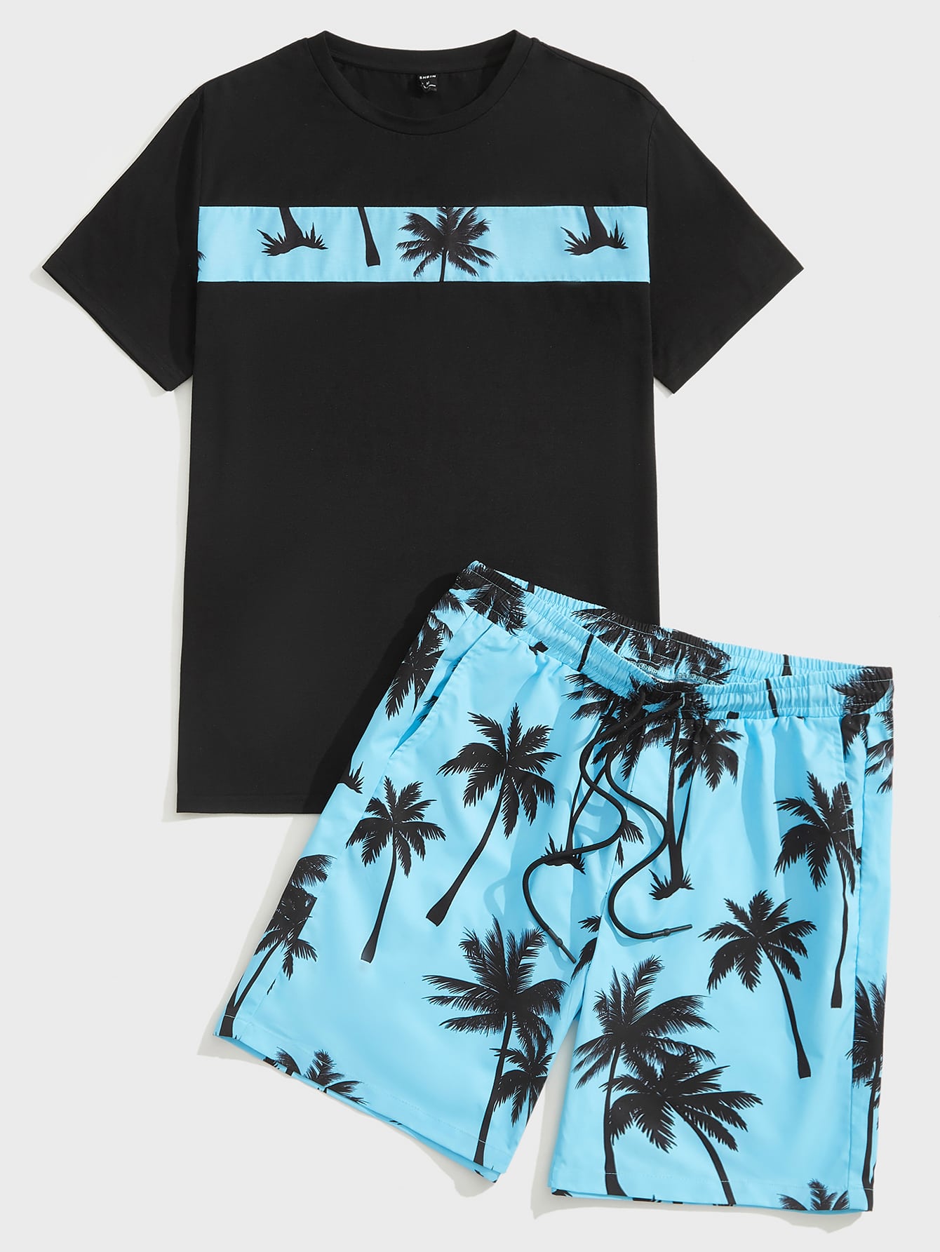 Men's Tropical Print Colorblock Knitted T-Shirt And Drawstring Waist Shorts Set