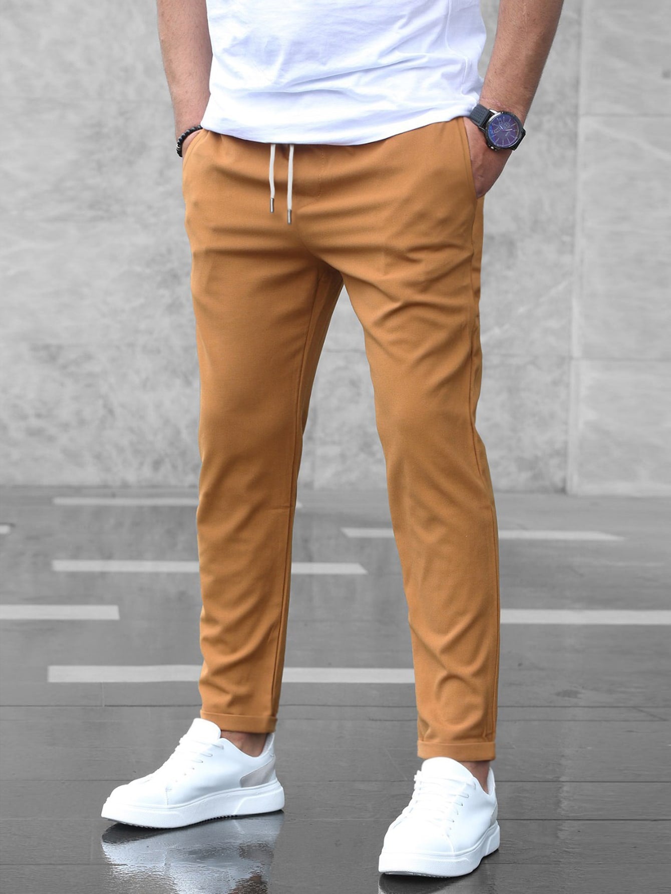 Men Slant Pocket Drawstring Waist Pants