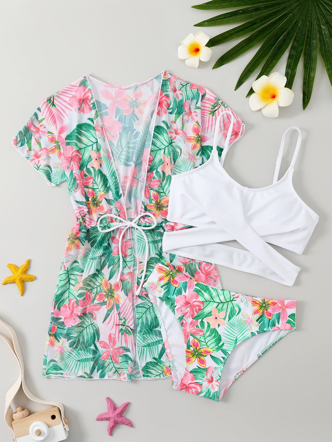 Tween Girl 3packs Tropical Print Crisscross Bikini Set & Drawstring Waist Kimono Summer Beach