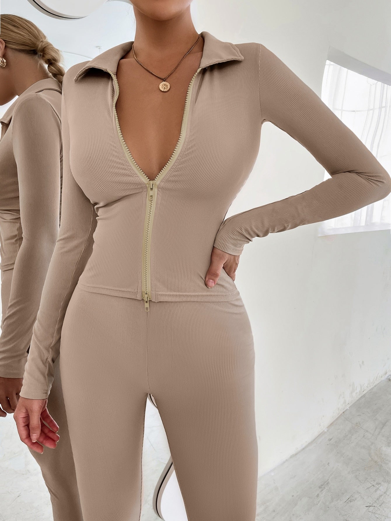 Zip Up Ribbed Knit Jacket & Leggings