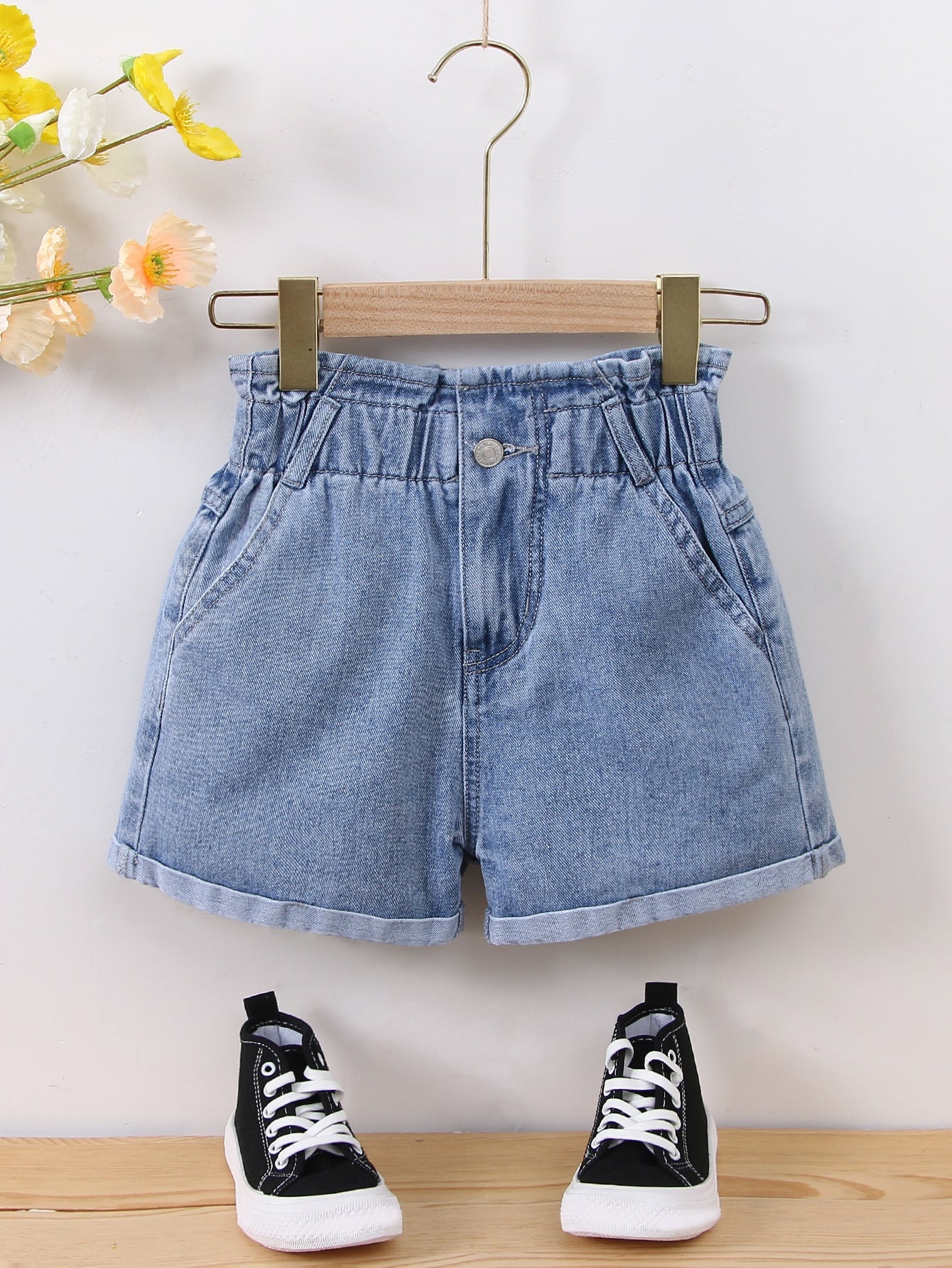 Kids Tween Girl Casual Daily Boho Paperback Flat Pockets Roll Up Hem Denim Shrots