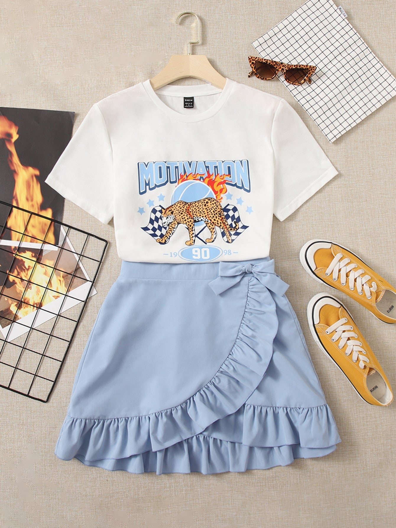 Women's Leopard & Letter Print T-Shirt And Skirt Set