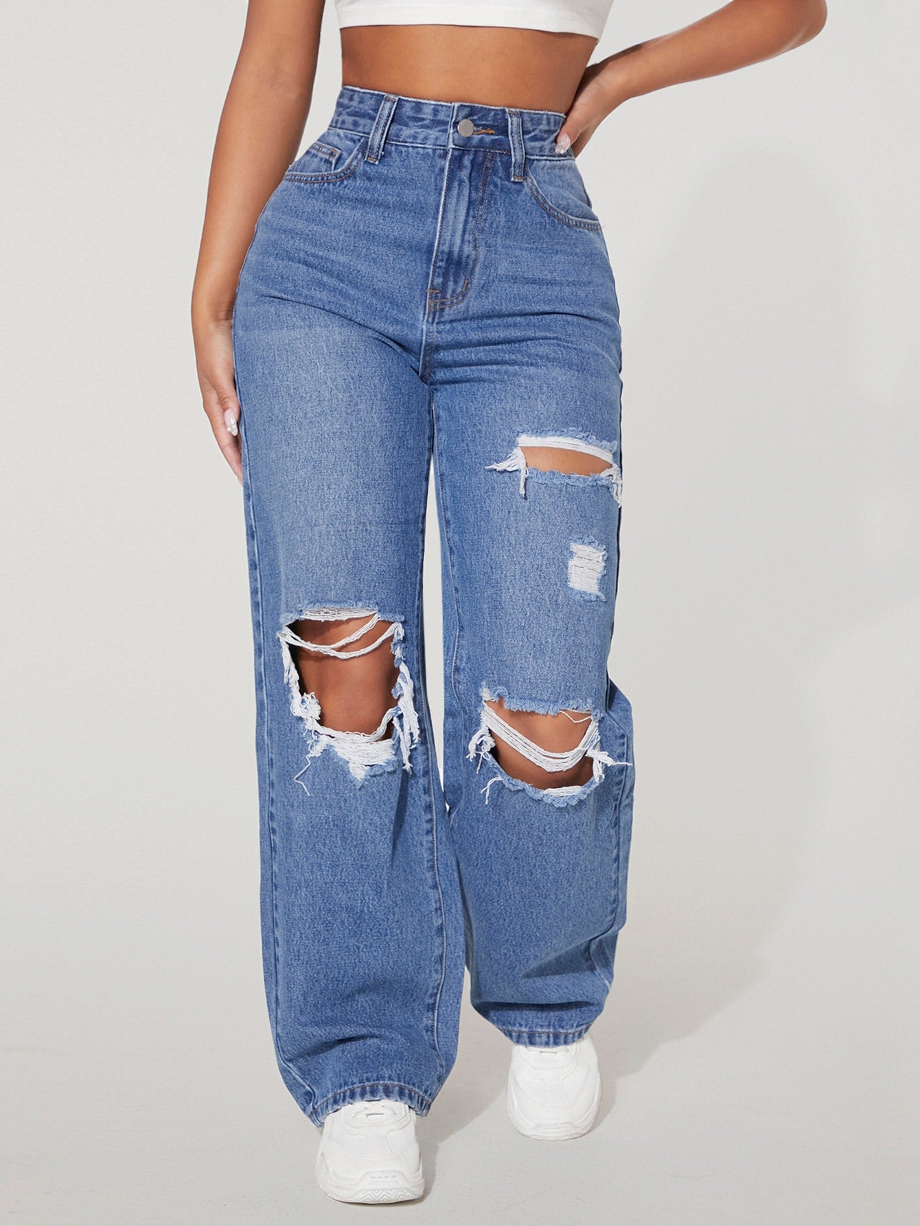 High Waist Ripped Straight Leg Jeans