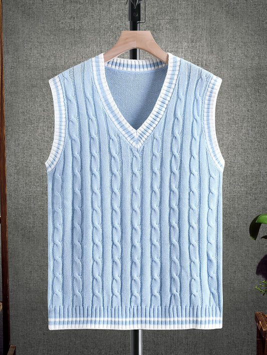 Men Striped Trim Cable Knit Sweater Vest