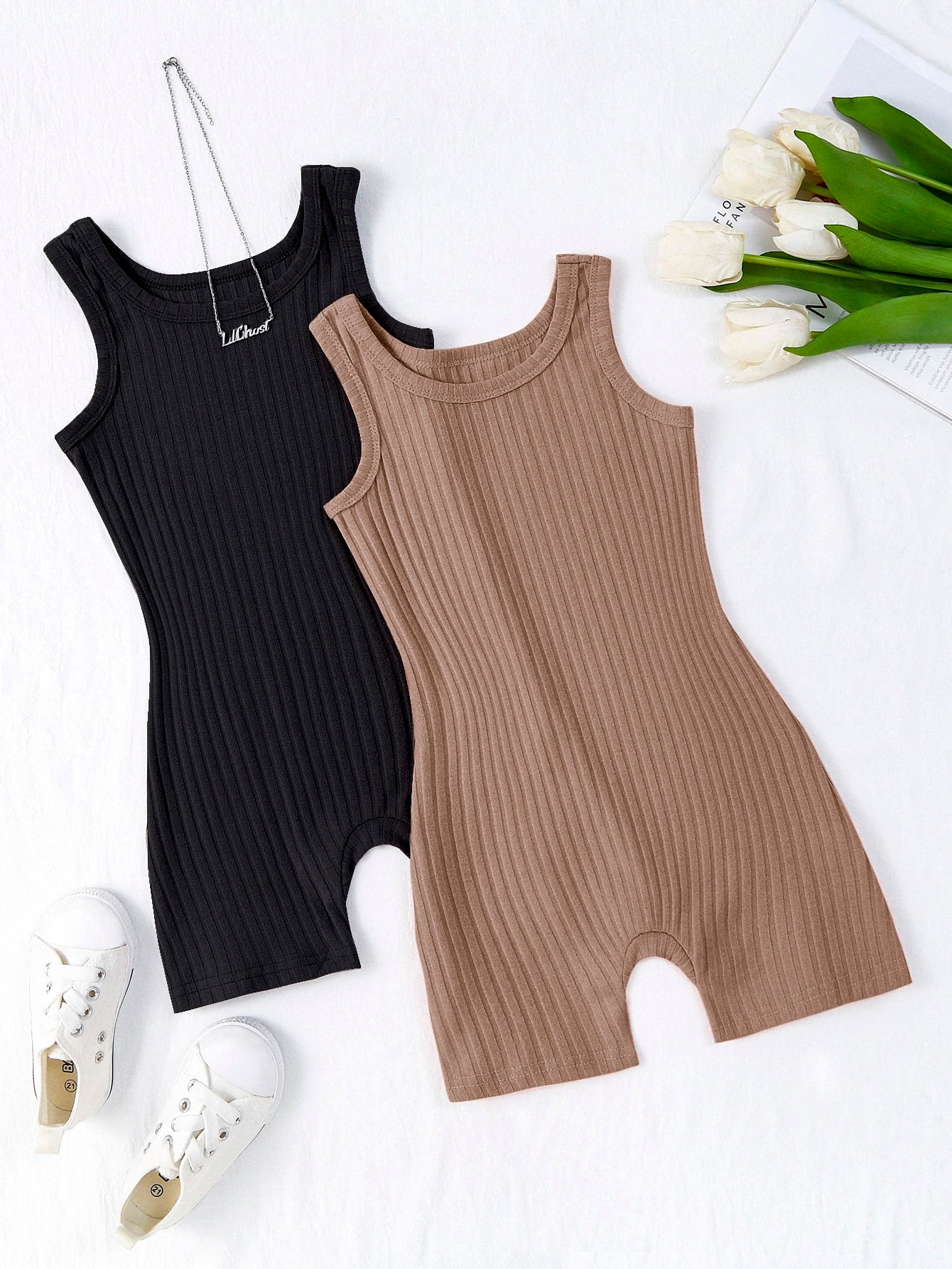 Young Girl 2pcs Ribbed Unitard Romper