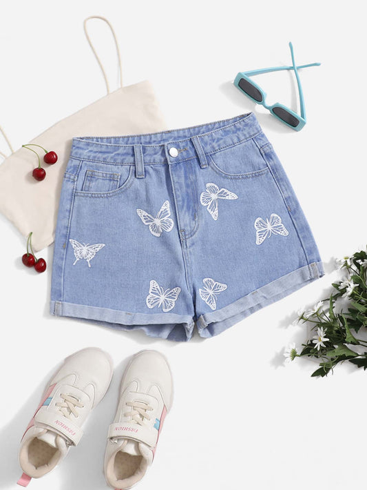 Teen Girls Butterfly Print Roll Hem Denim Shorts